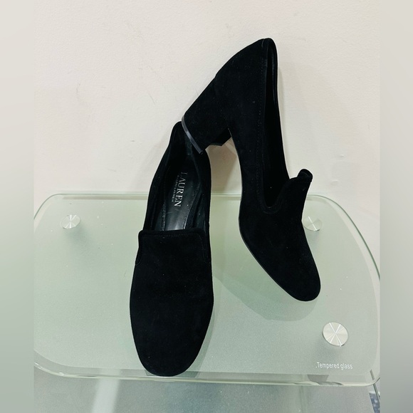 Ralph Lauren Loafer Shoes Block Heels Size 8,5 B Black Work Women Office Slip On - Picture 1 of 10